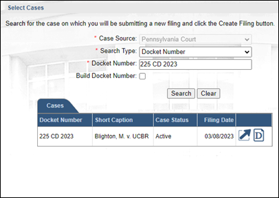 Searching for an existing Commonwealth Court case in the Select Cases screen.